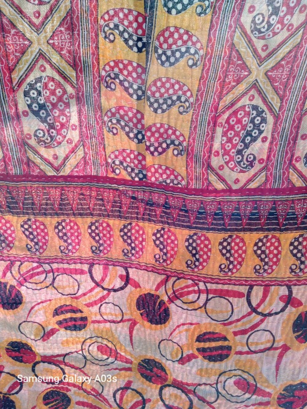 Kantha Quilt Yellow Black Red Circles Premium 3 Layer Cotton Handmade K167.